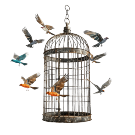 a bird in a cage with many birds flying around