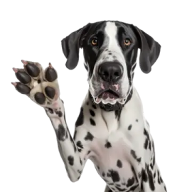 a black and white dog with its paw up