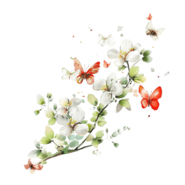 a branch with flowers and butterflies on it