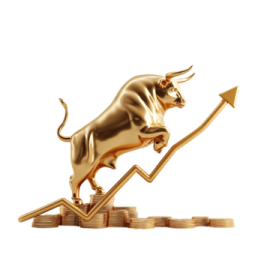 a gold bull jumping over stacks of coins