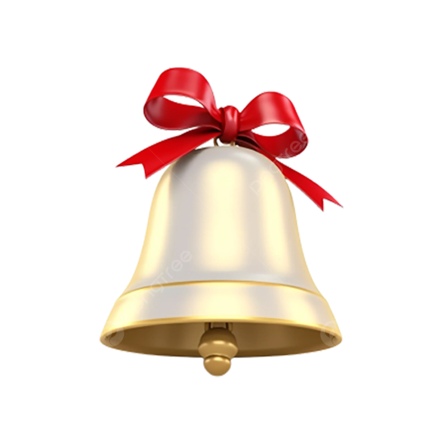 a golden bell with a red bow on top