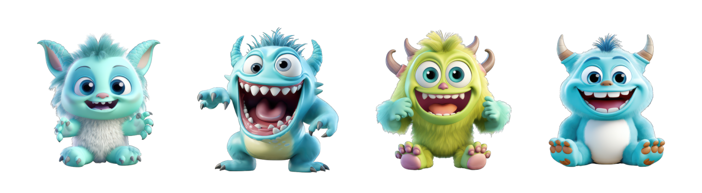 five cartoon monsters with their mouths open