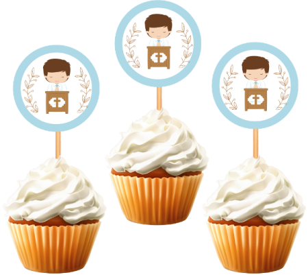 three cupcakes with a sticker on top of them