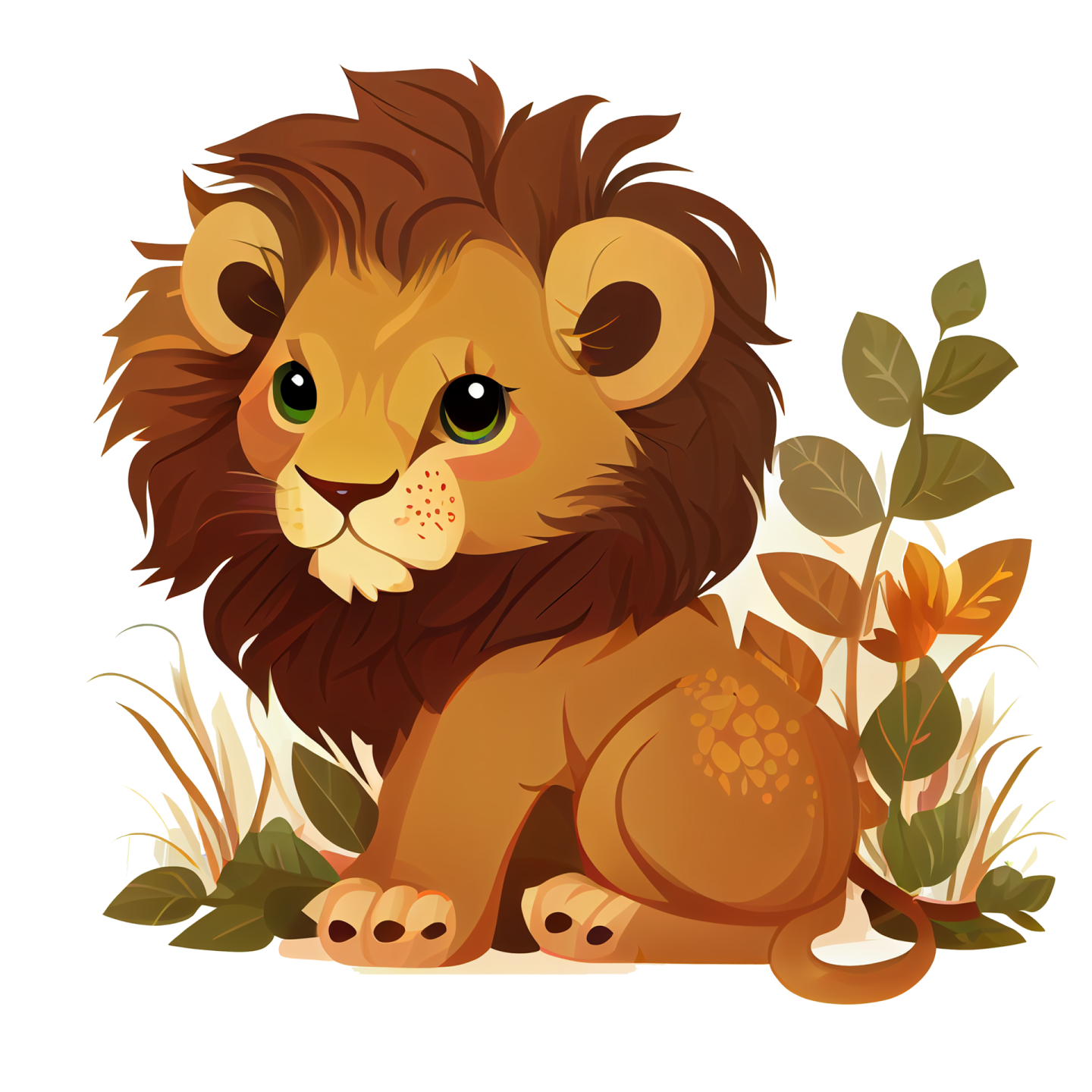 a cute lion sitting in the grass and looking at the camera