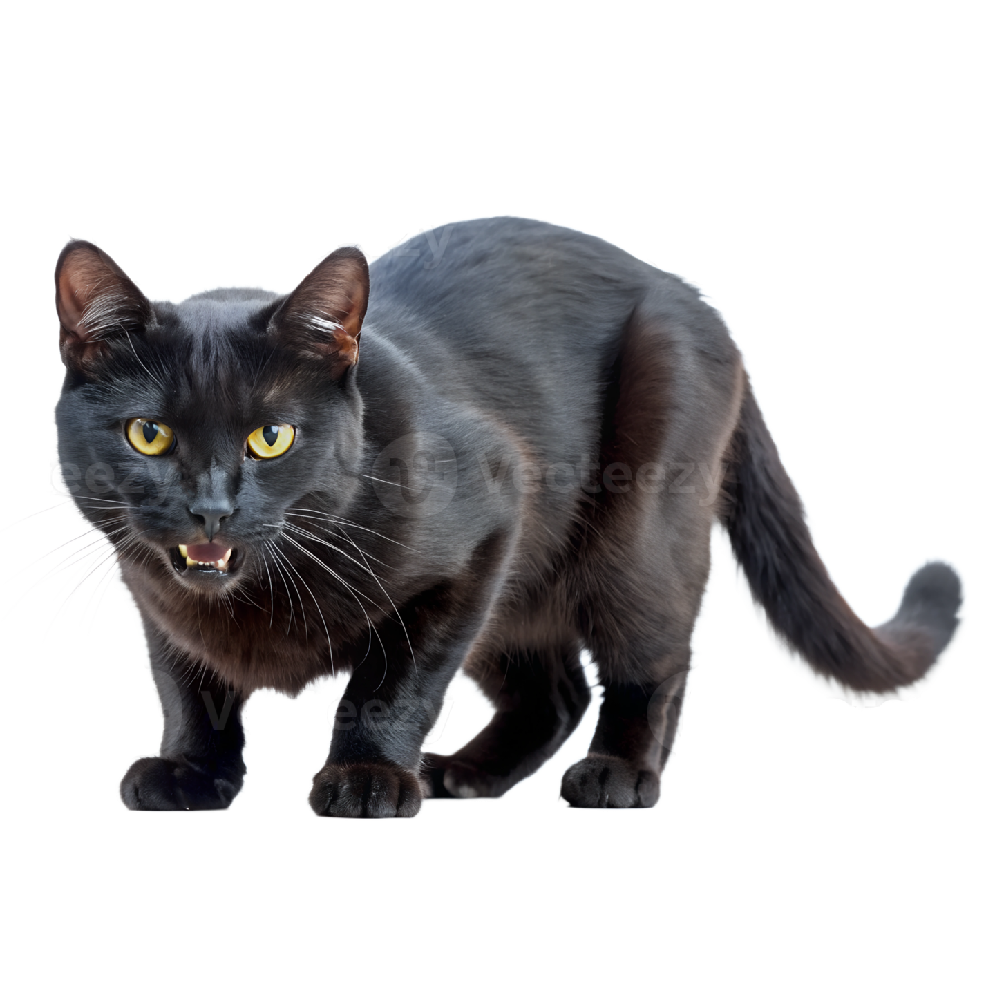 a black cat walking on a white background
