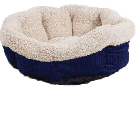 a blue and white dog bed on a white background