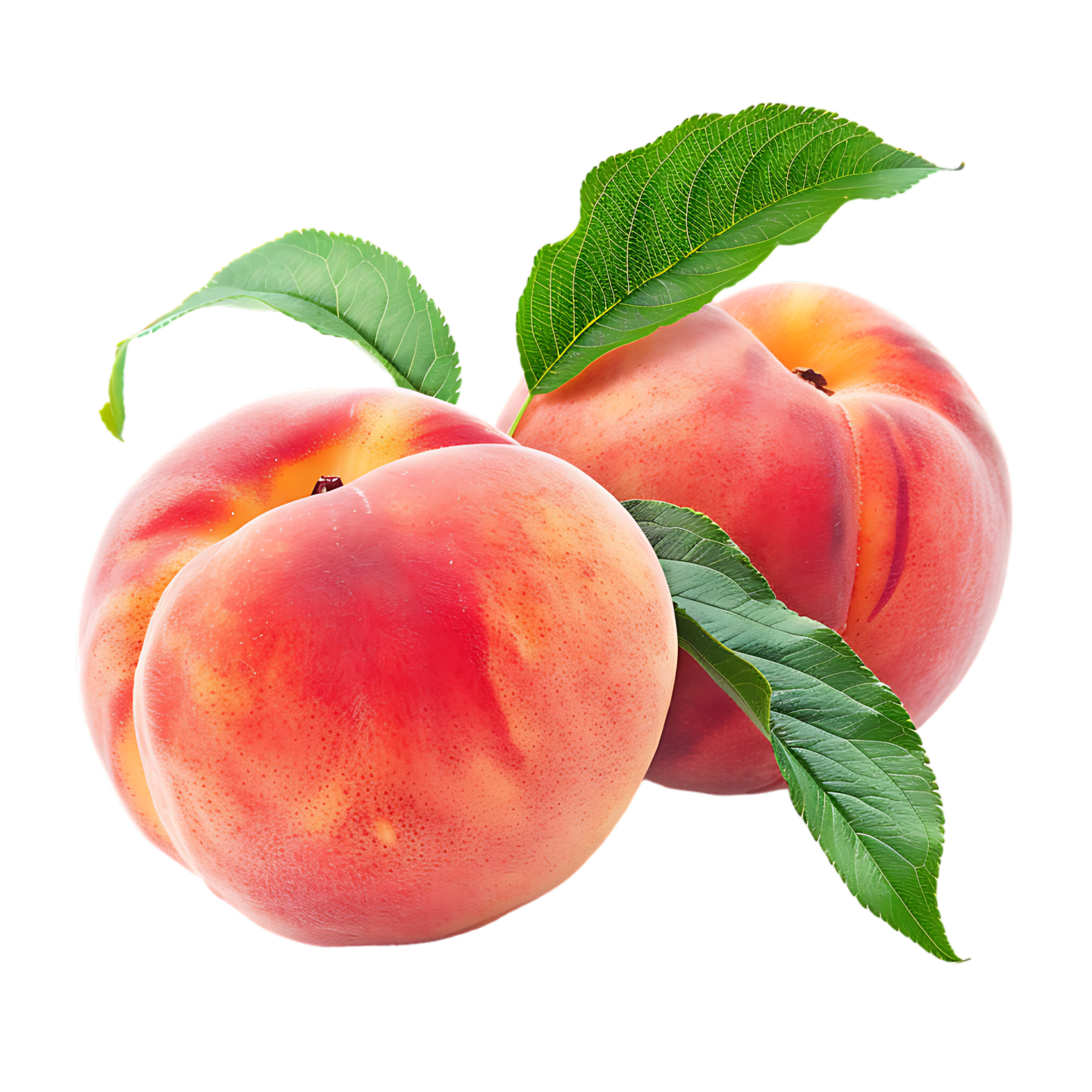 two peaches with green leaves
