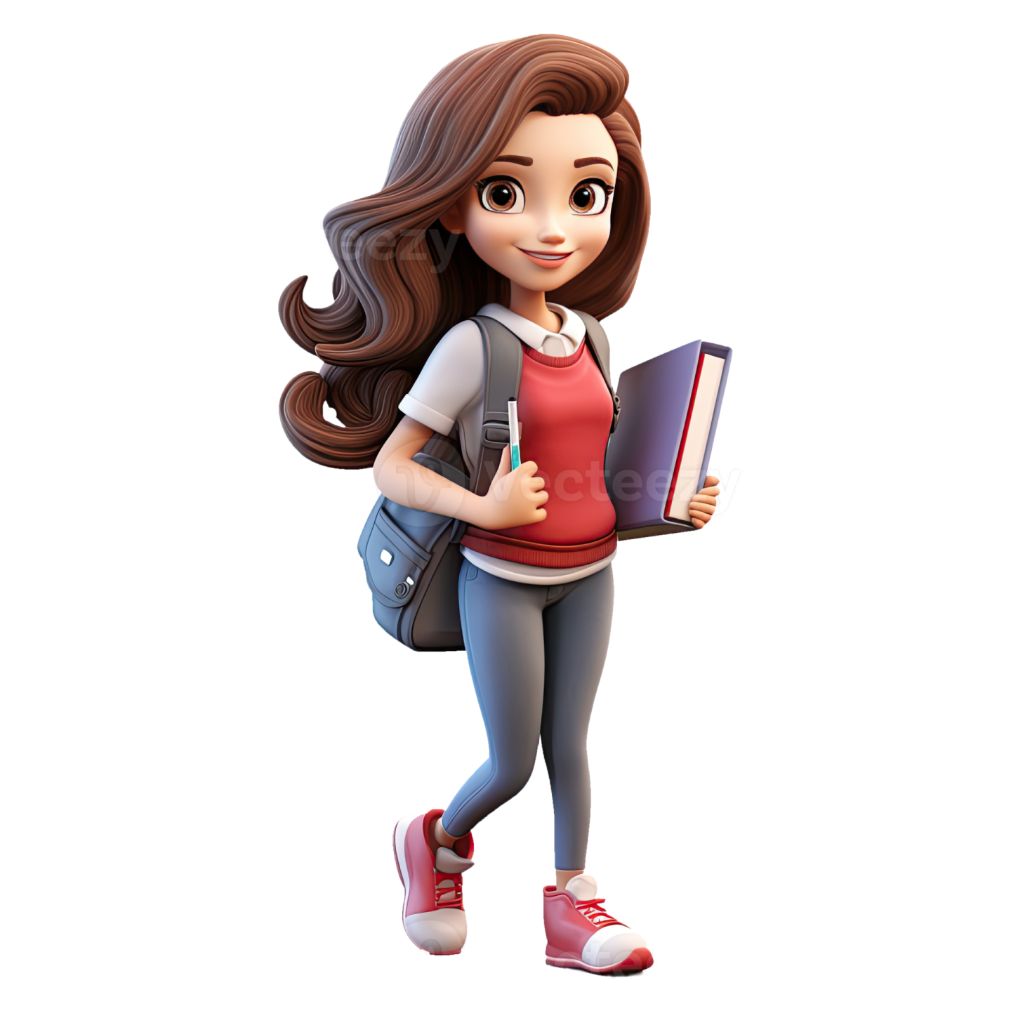 a cartoon girl with a backpack and a book