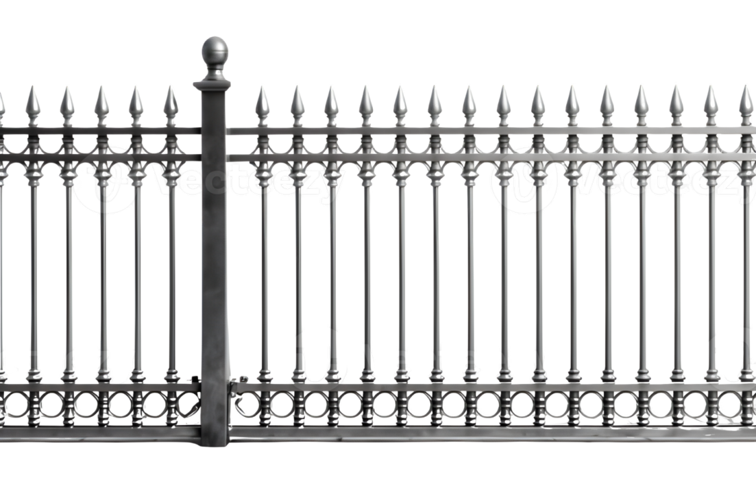 a black wrought fence on a white background