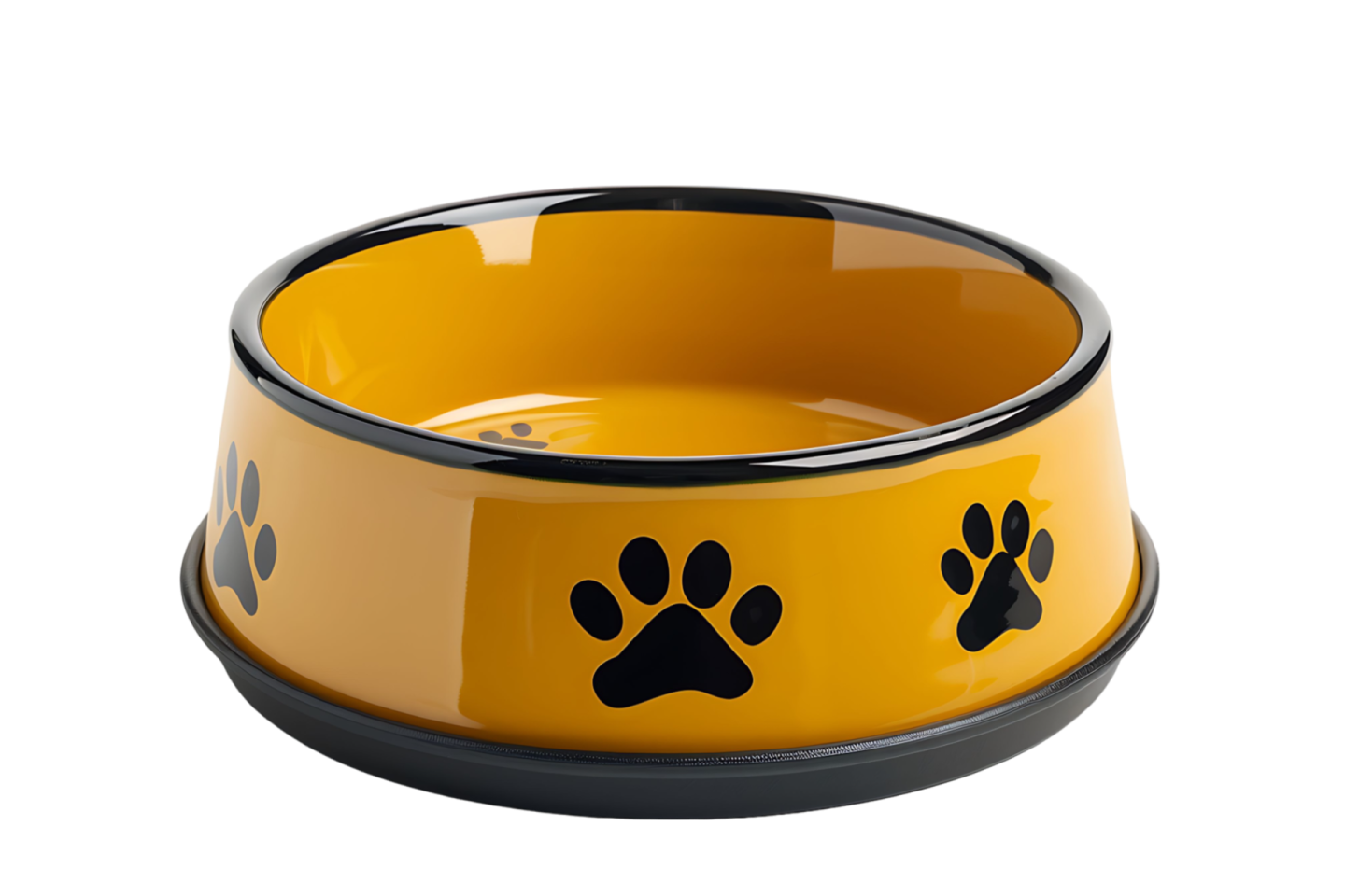 a yellow dog bowl with black paws on it