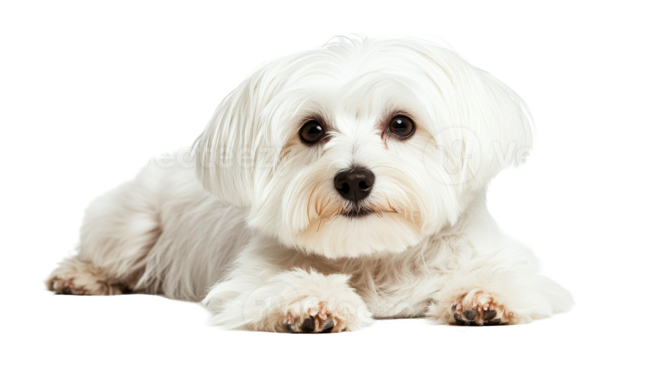 a small white dog laying down on a white surface