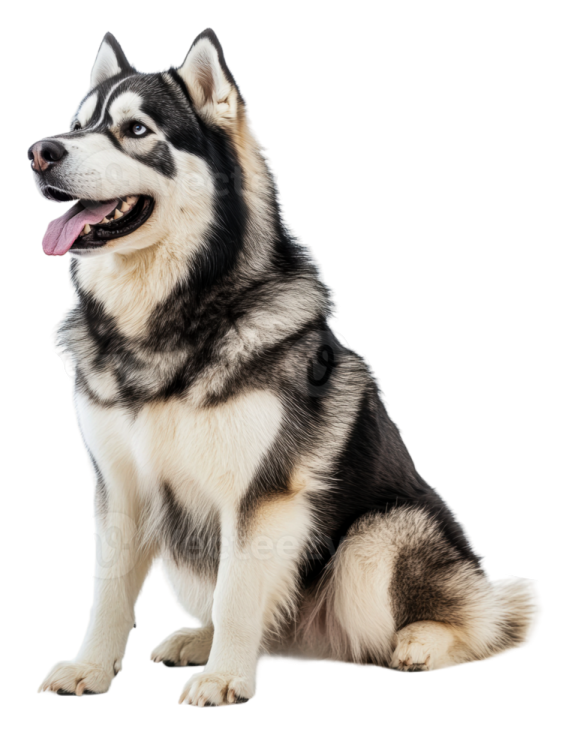 a black and white dog sitting down with its tongue out