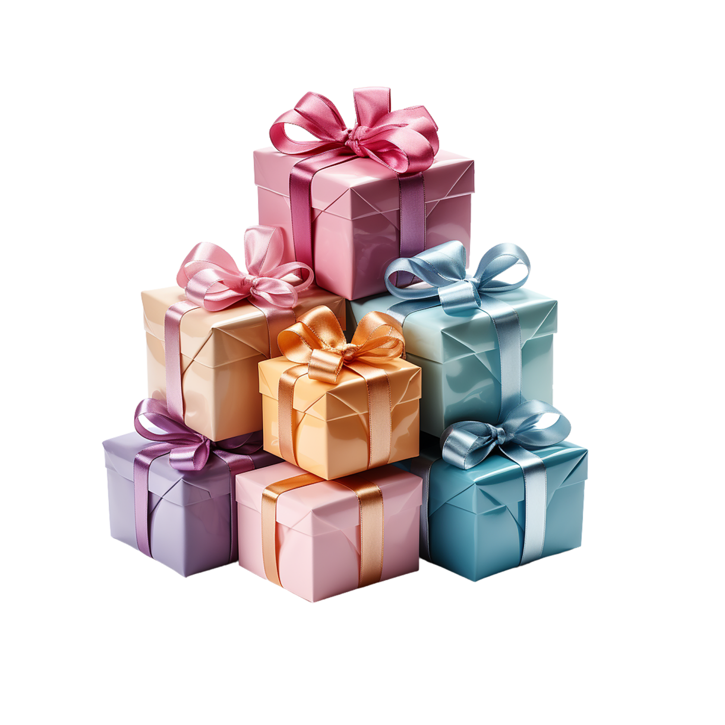 a pile of colorful gift boxes with ribbons