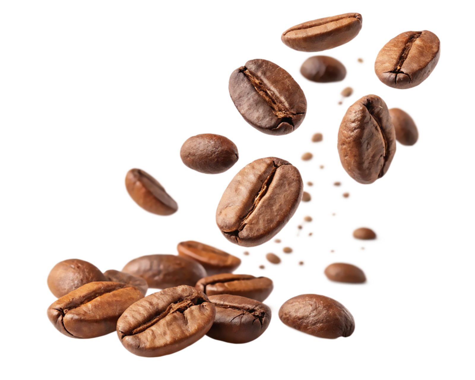 coffee beans falling on a white background