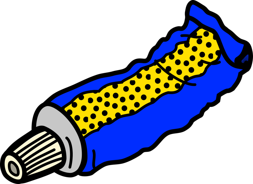 a blue and yellow tube with black dots on it