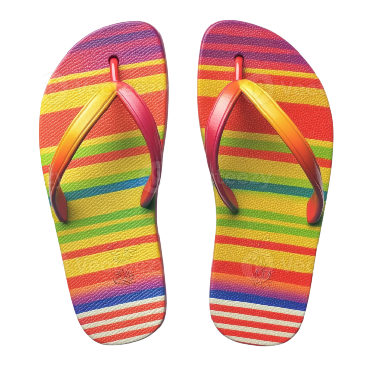 a pair of colorful flip flops on white background
