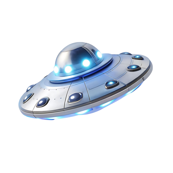 a silver spaceship with blue lights on it