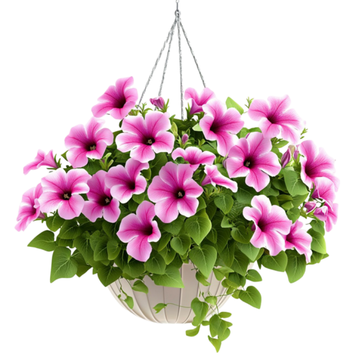 a hanging planter filled with pink flowers