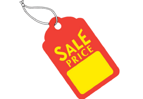 a red and yellow sale tag on a white background