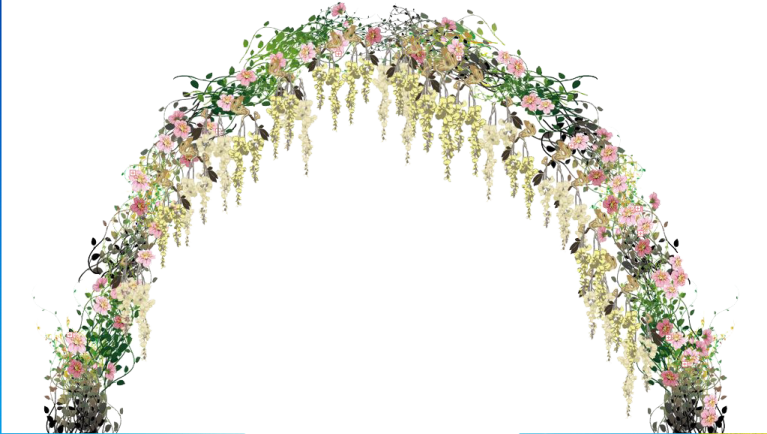 a floral arch with pink and green flowers