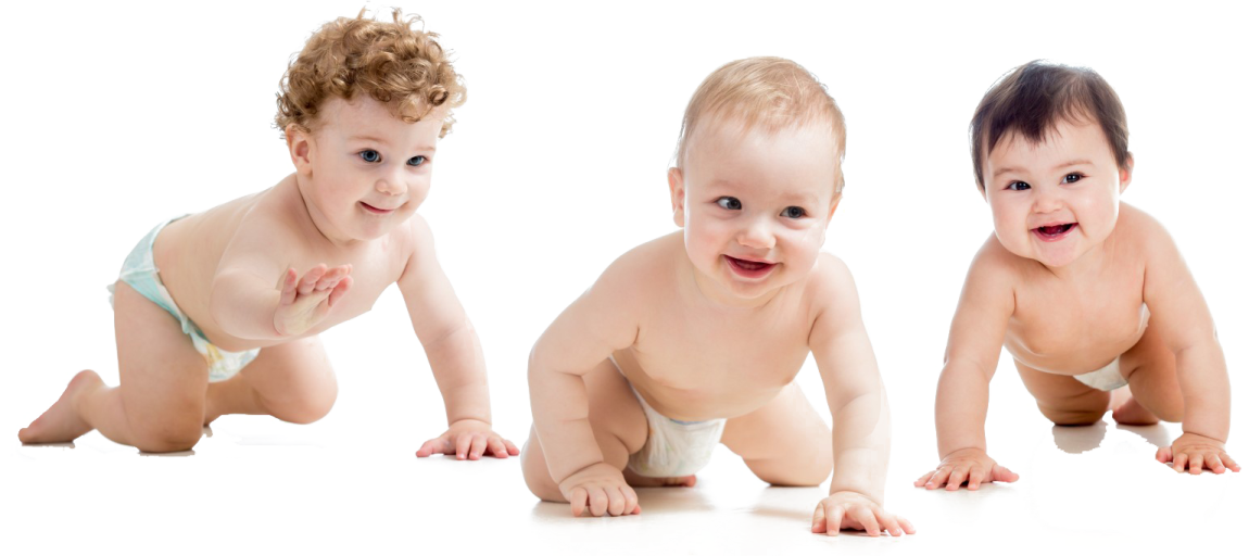 three babies in diapers on a white background
