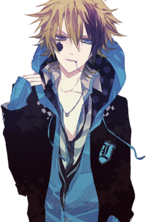 an anime character with blonde hair and blue eyes, wearing a black jacket