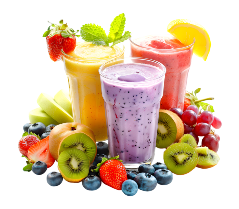 three glasses of fruit and a cup of smoothie