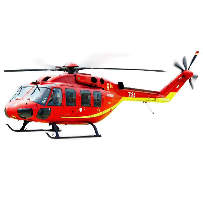 a red helicopter flying in the sky