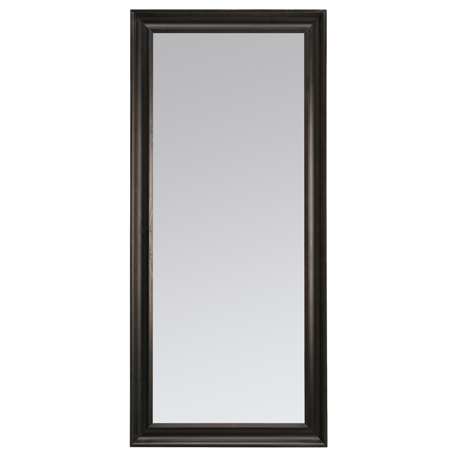 a black framed mirror on a white background