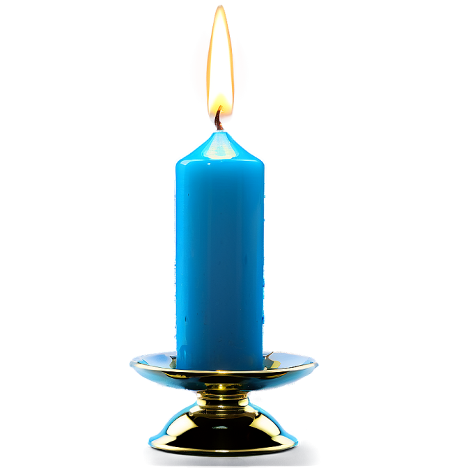 a blue candle sitting on top of a metal stand