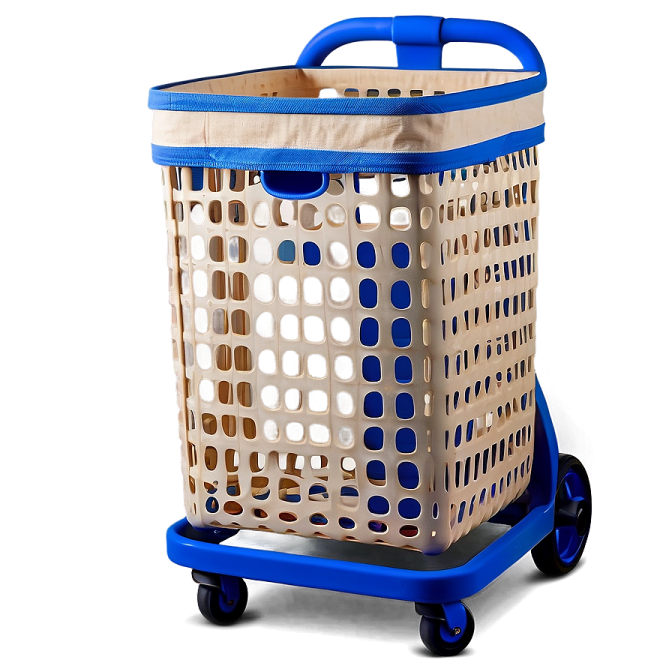a shopping basket on wheels with blue handles