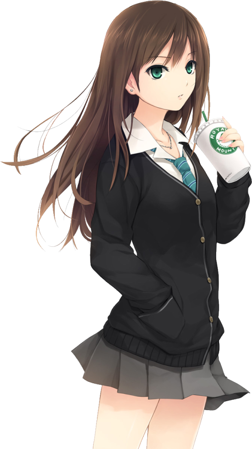 an anime girl with long brown hair and green eyes