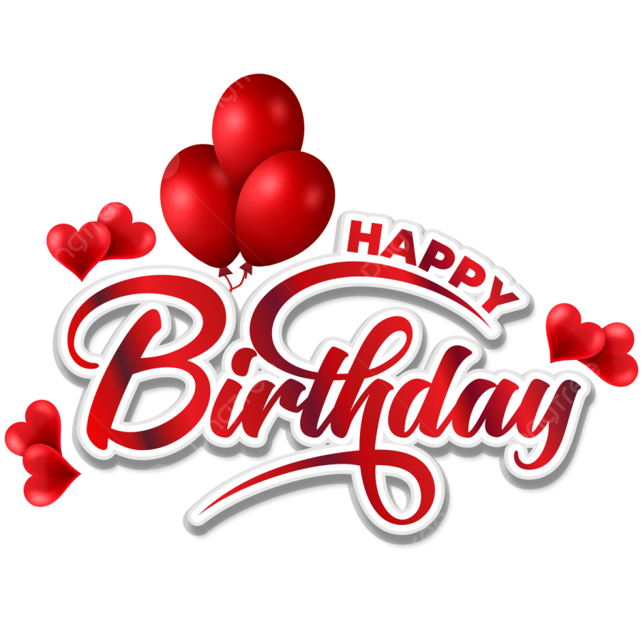 happy birthday text with red balloons and hearts