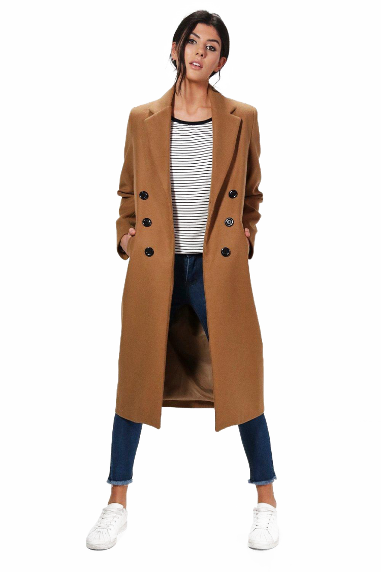 a woman wearing a camel coat and jeans