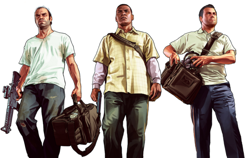 three men with guns and a bag
