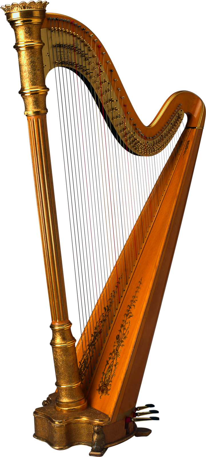 a gold colored harp