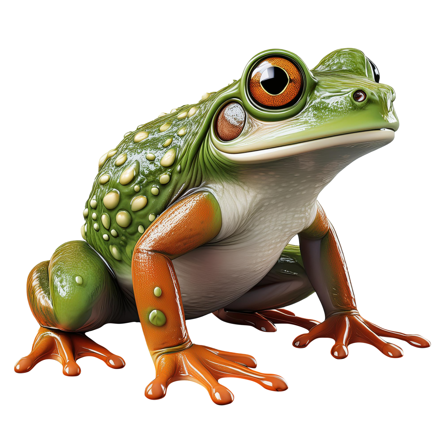 a green frog sitting on top of a white surface