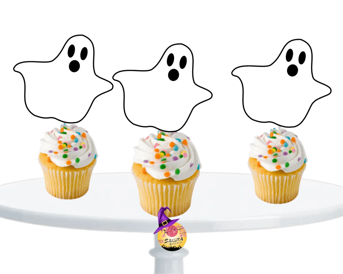 three cupcakes with ghost faces on them
