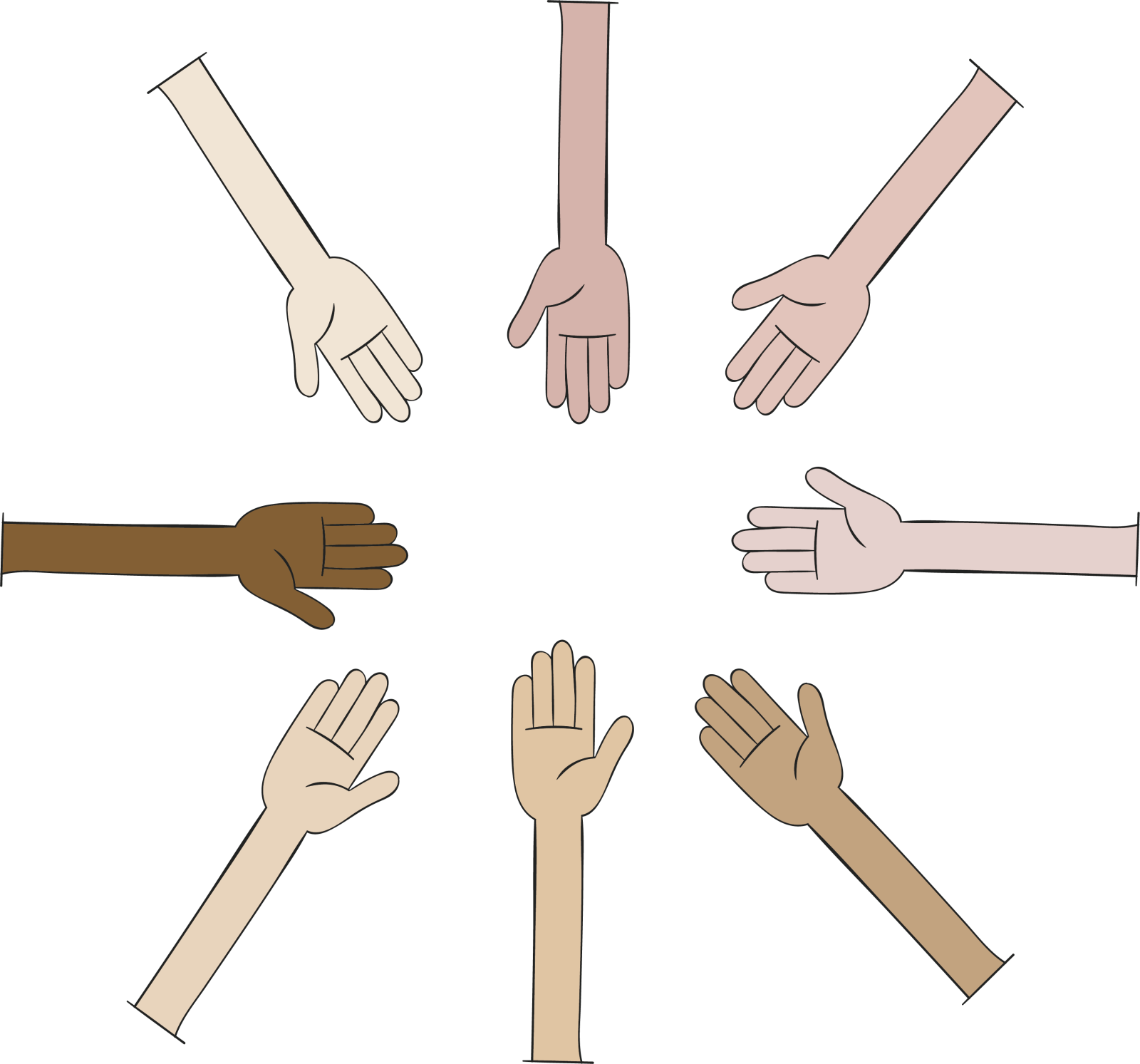 a circle of hands showing different gestures