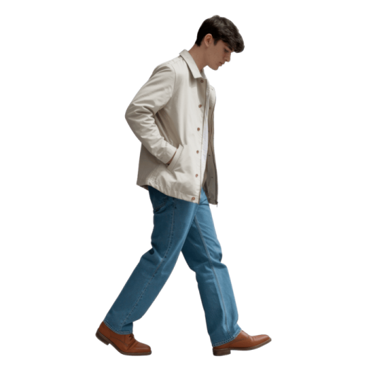 a man walking on a white background