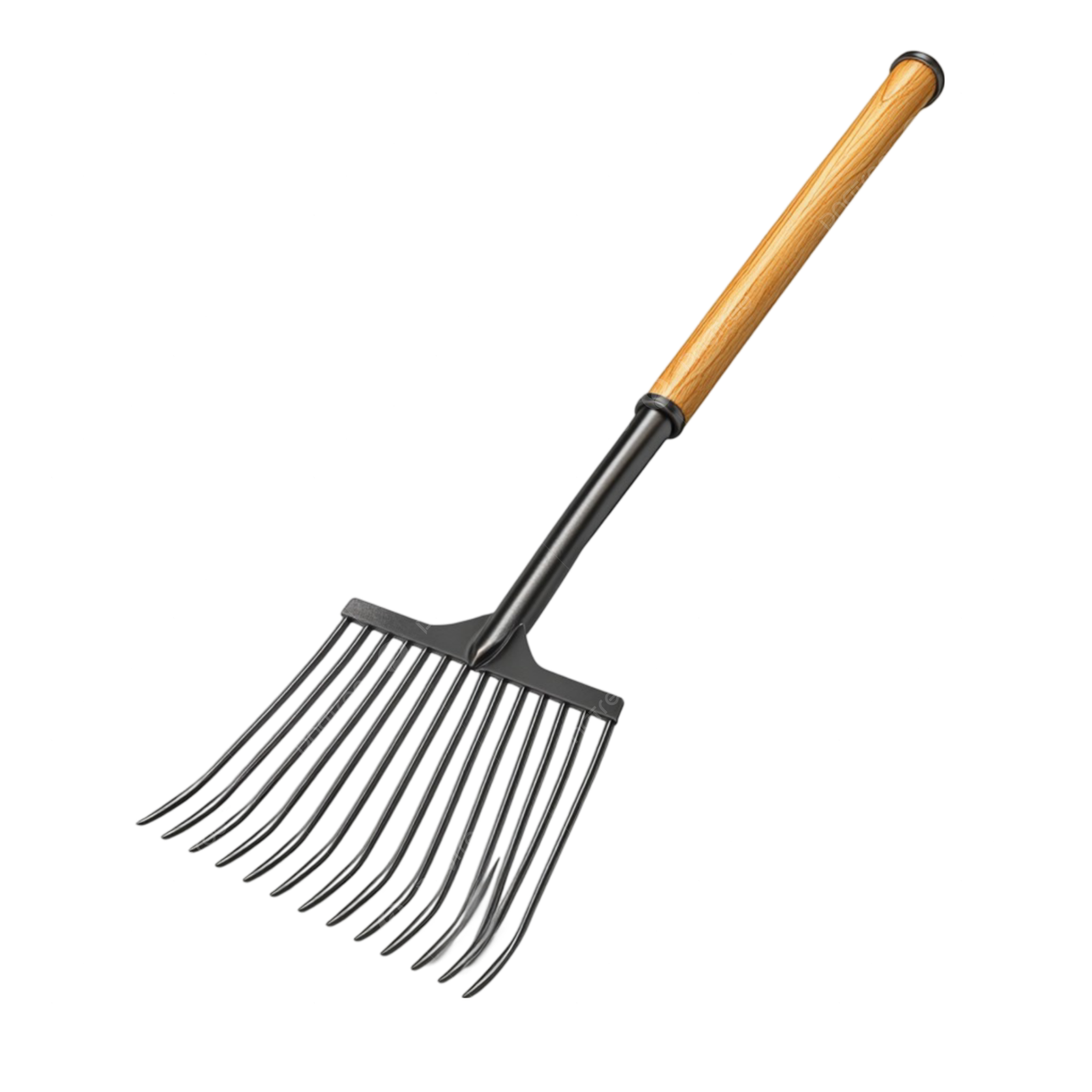 a black rake with wooden handle