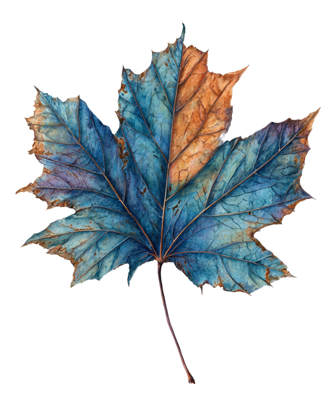 a blue and brown leaf on a white background