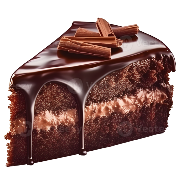 a piece of chocolate cake on a white background