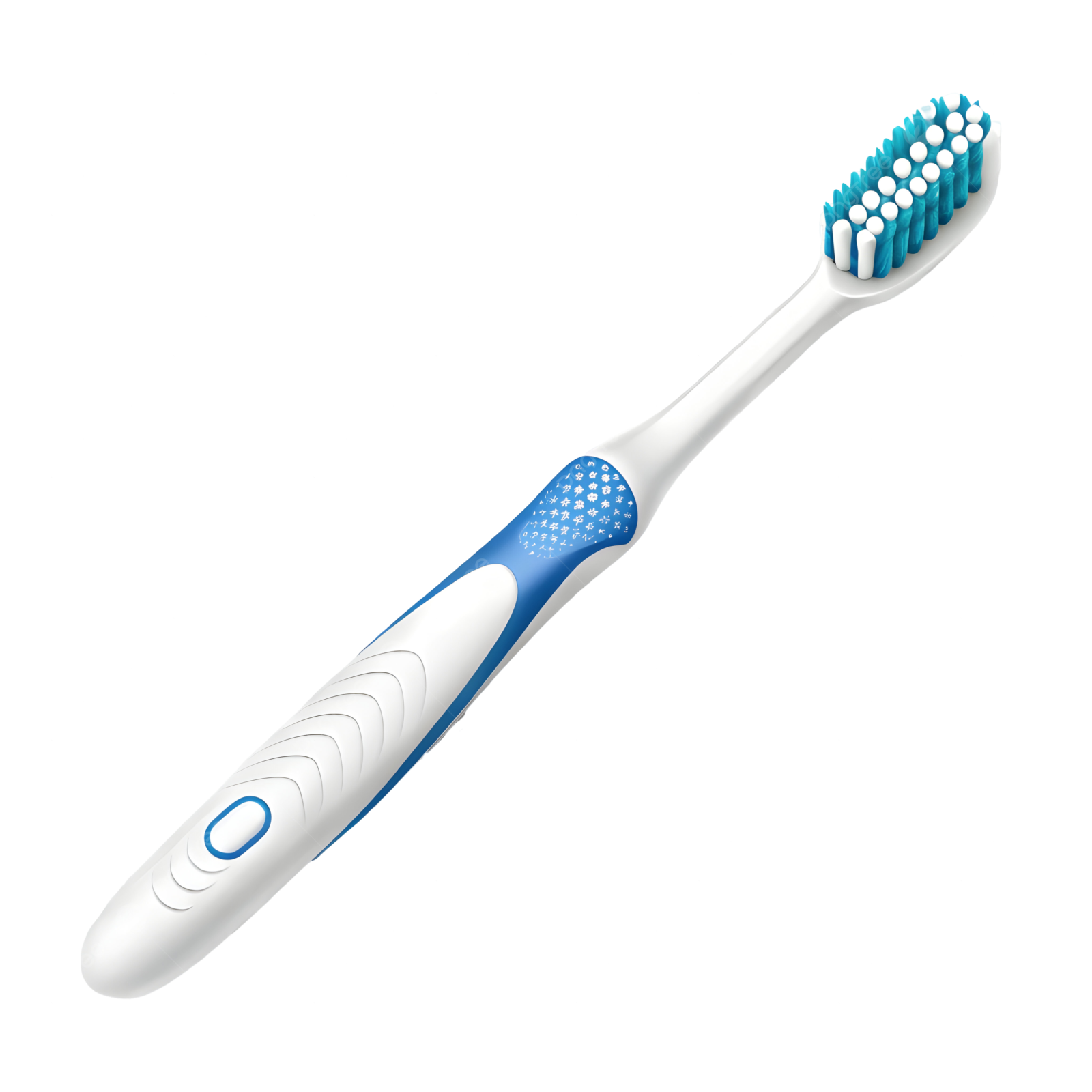 a blue and white toothbrush on a white background