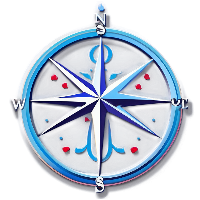 a blue and white compass on a white background