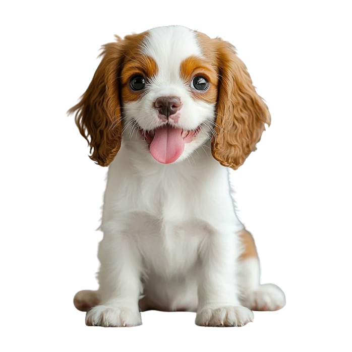 a small brown and white dog with its tongue out