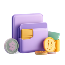 a purple wallet with money and coins