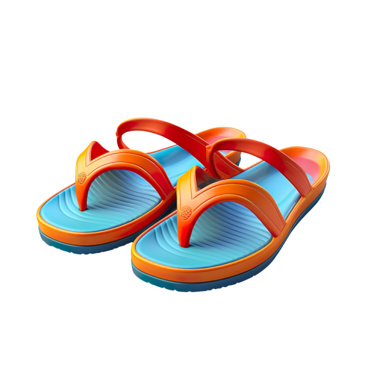 a pair of orange and blue flip flops