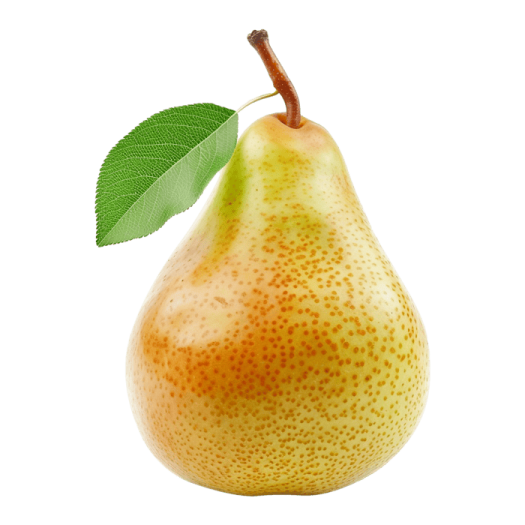 a pear with a leaf on top of it