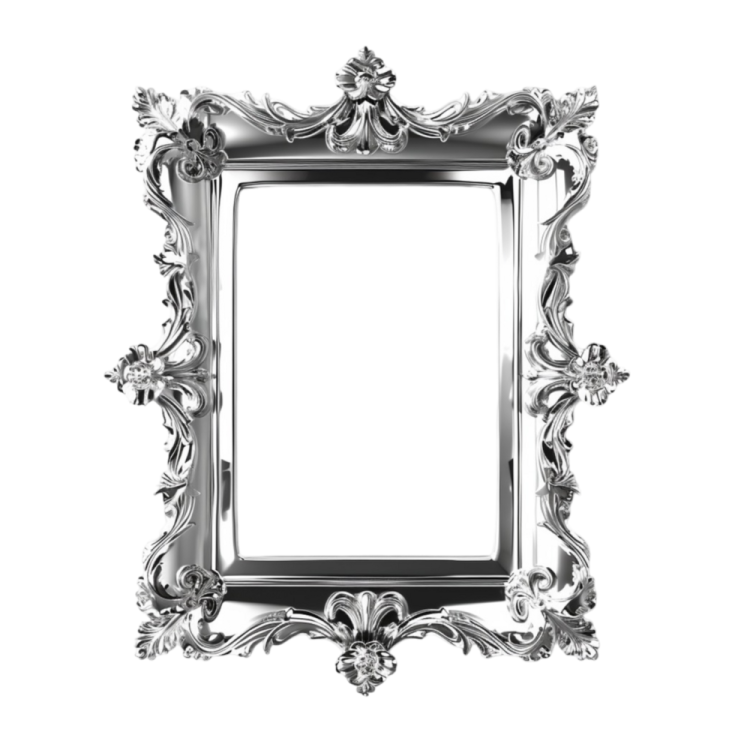 an ornate silver frame on a white background